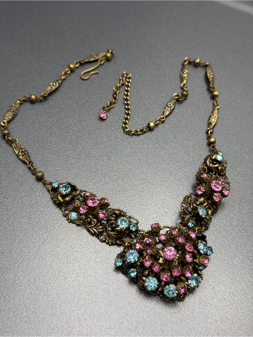 Antique Czech  Pink & Blue Rhinestone Floral Statement Necklace